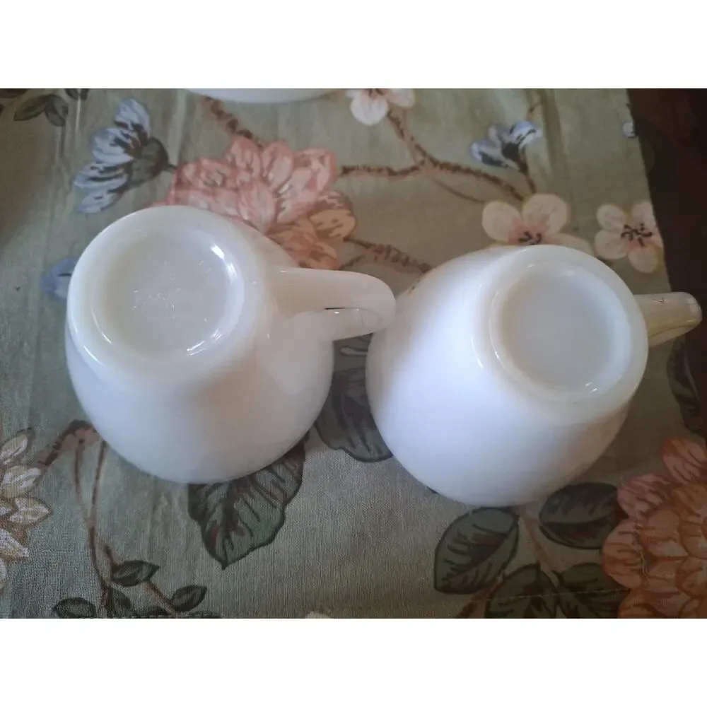 Two Vintage Anchor Hocking Fire King Milk Glass Floral Teacups & Saucers